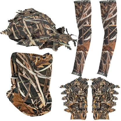 LOOGU Hunting Face Mask Set with Leafy Cap Camo, Ghillie Gloves, Cooling Arm Sleeves Waterfowl 6 Pieces Turkey Duck Hunting Accessories for Men Women