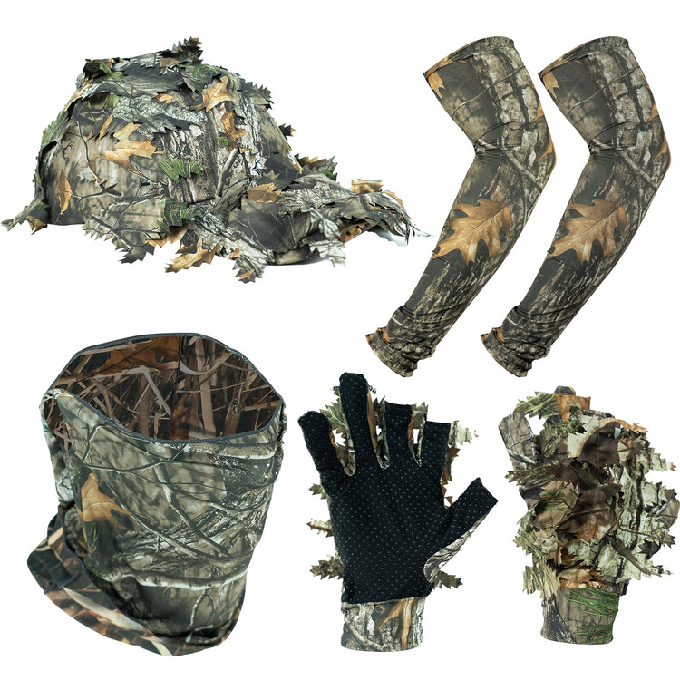 LOOGU Hunting Face Mask Set with Leafy Cap Camo, Ghillie Gloves, Cooling Arm Sleeves Waterfowl Tree Camouflage 6 Pieces Turkey Duck Hunting Accessories for Men Women