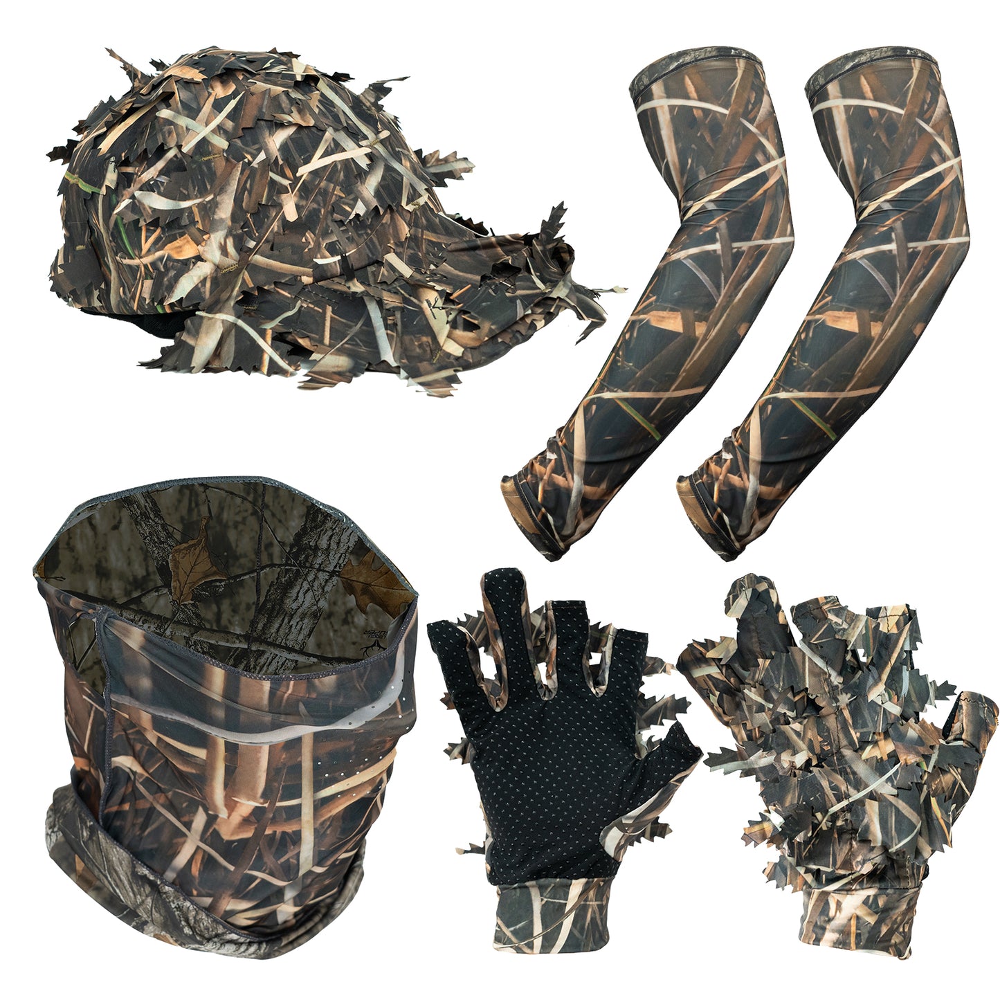 LOOGU Ensemble de masques de chasse avec casquette à feuilles camouflage, gants Ghillie, manches de bras de refroidissement, sauvagine, 6 pièces, accessoires de chasse au canard de dinde pour hommes et femmes