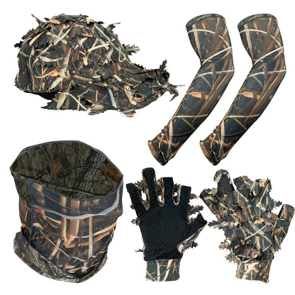 LOOGU Hunting Face Mask Set with Leafy Cap Camo, Ghillie Gloves, Cooling Arm Sleeves Waterfowl 6 Pieces Turkey Duck Hunting Accessories for Men Women