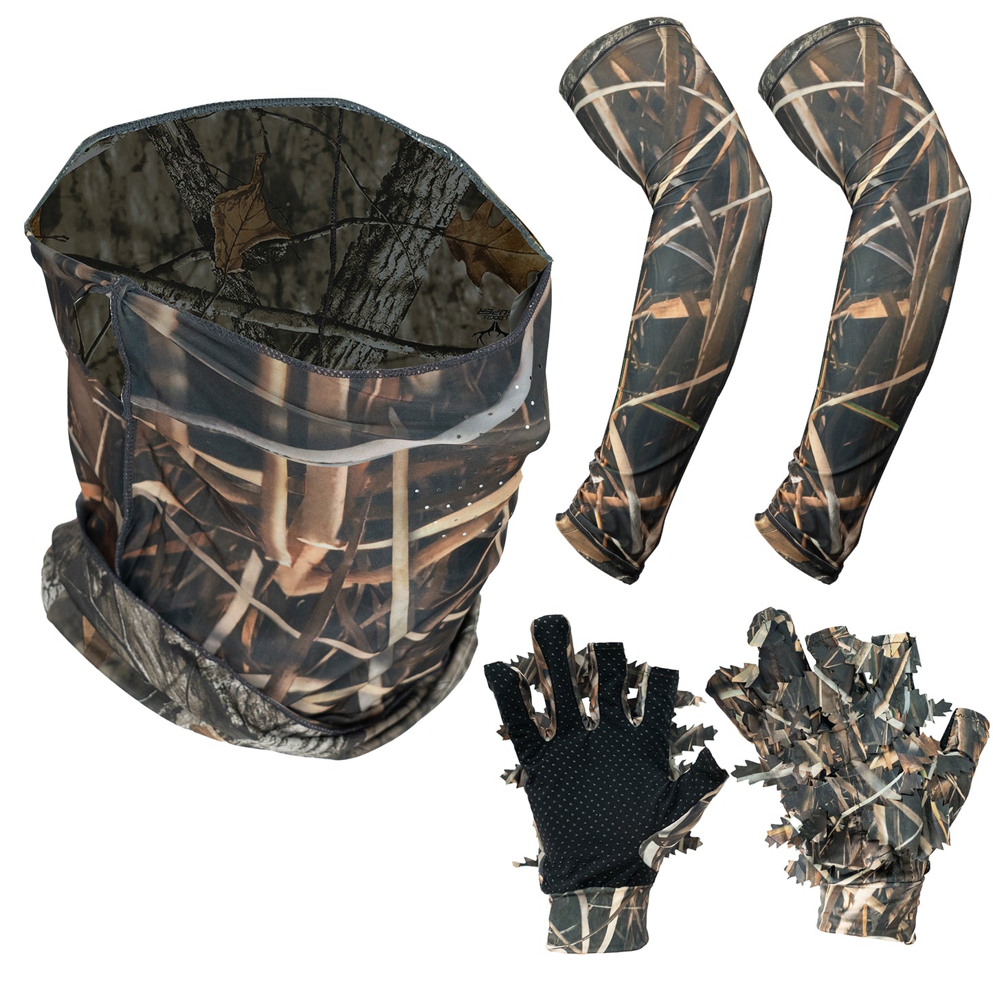 LOOGU Masque de Chasse, Gants Ghillie, Manches de Bras de Refroidissement Arbre de Sauvagine 5 pièces Accessoires de Chasse au Canard de Dinde pour Hommes Femmes