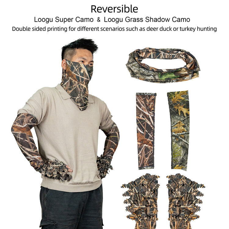 LOOGU Hunting Face Mask, Ghillie Gloves, Cooling Arm Sleeves Waterfowl Tree 5 Pieces Turkey Duck Hunting Accessories for Men Women