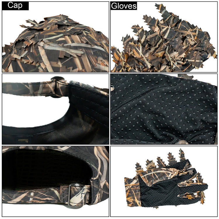 LOOGU Hunting Face Mask Set with Leafy Cap Camo, Ghillie Gloves, Cooling Arm Sleeves Waterfowl 6 Pieces Turkey Duck Hunting Accessories for Men Women