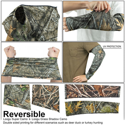 LOOGU Ensemble de masques de chasse avec casquette à feuilles camouflage, gants Ghillie, manches de bras de refroidissement, camouflage d'arbre de sauvagine, 6 pièces, accessoires de chasse au canard de dinde pour hommes et femmes 