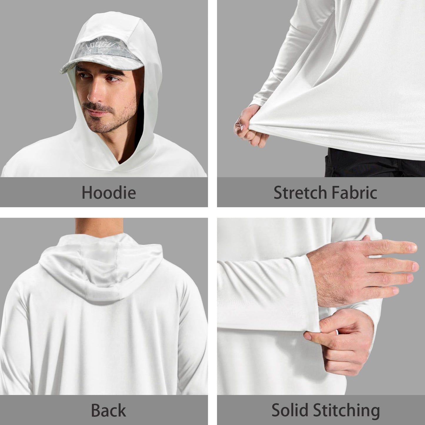 LOOGU Workout Shirts With Hood Long Sleeve White T50-1