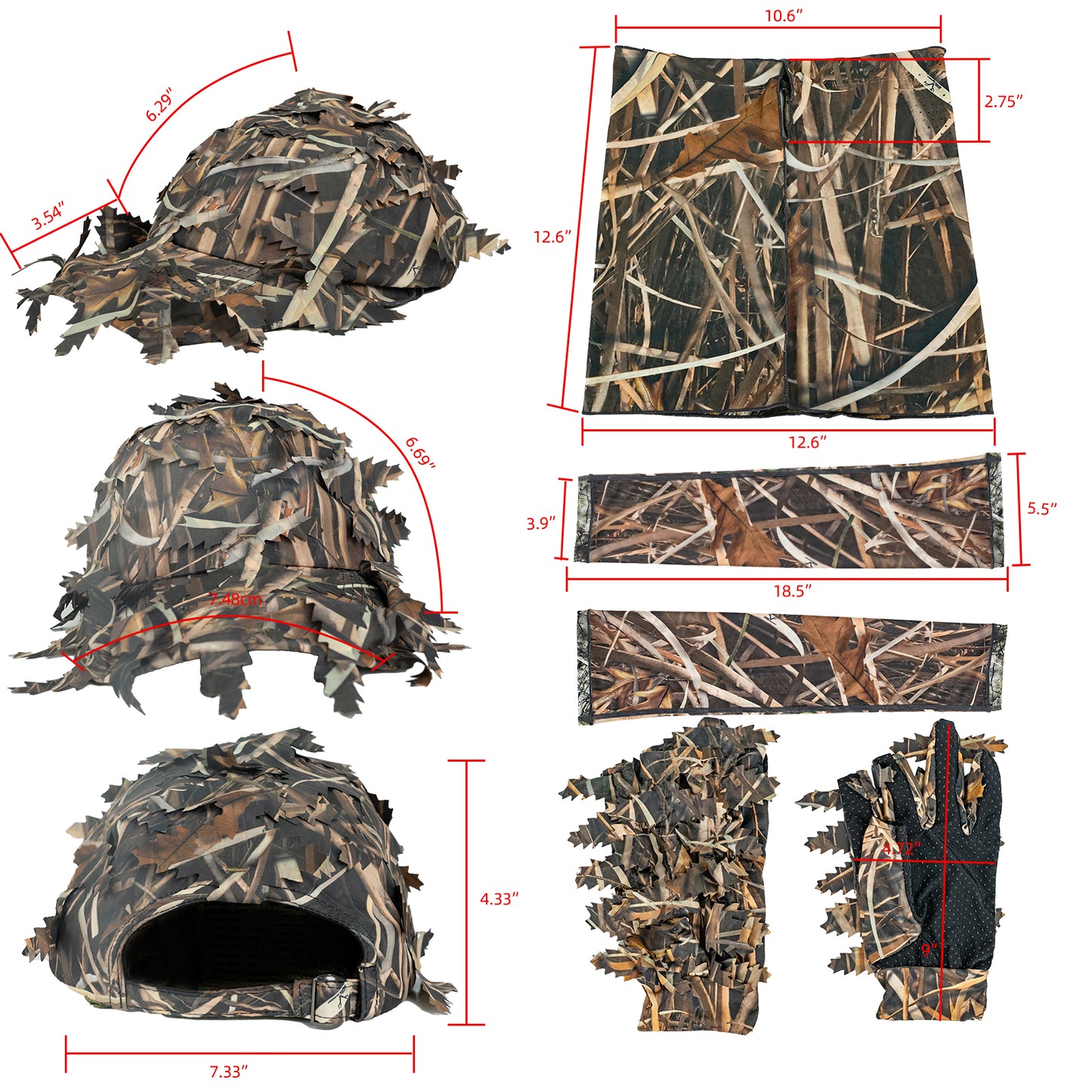 LOOGU Ensemble de masques de chasse avec casquette à feuilles camouflage, gants Ghillie, manches de bras de refroidissement, sauvagine, 6 pièces, accessoires de chasse au canard de dinde pour hommes et femmes