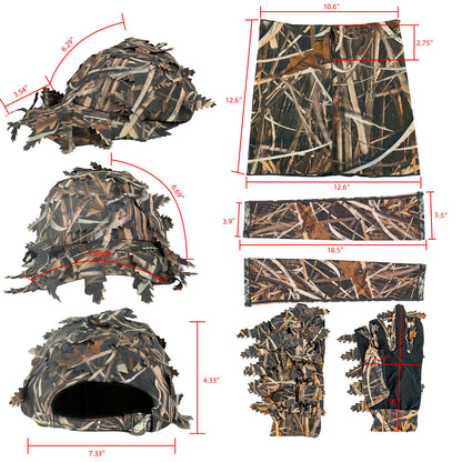 LOOGU Hunting Face Mask Set with Leafy Cap Camo, Ghillie Gloves, Cooling Arm Sleeves Waterfowl 6 Pieces Turkey Duck Hunting Accessories for Men Women