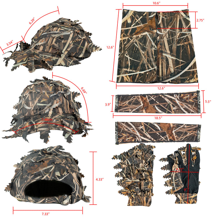 LOOGU Hunting Face Mask Set with Leafy Cap Camo, Ghillie Gloves, Cooling Arm Sleeves Waterfowl 6 Pieces Turkey Duck Hunting Accessories for Men Women