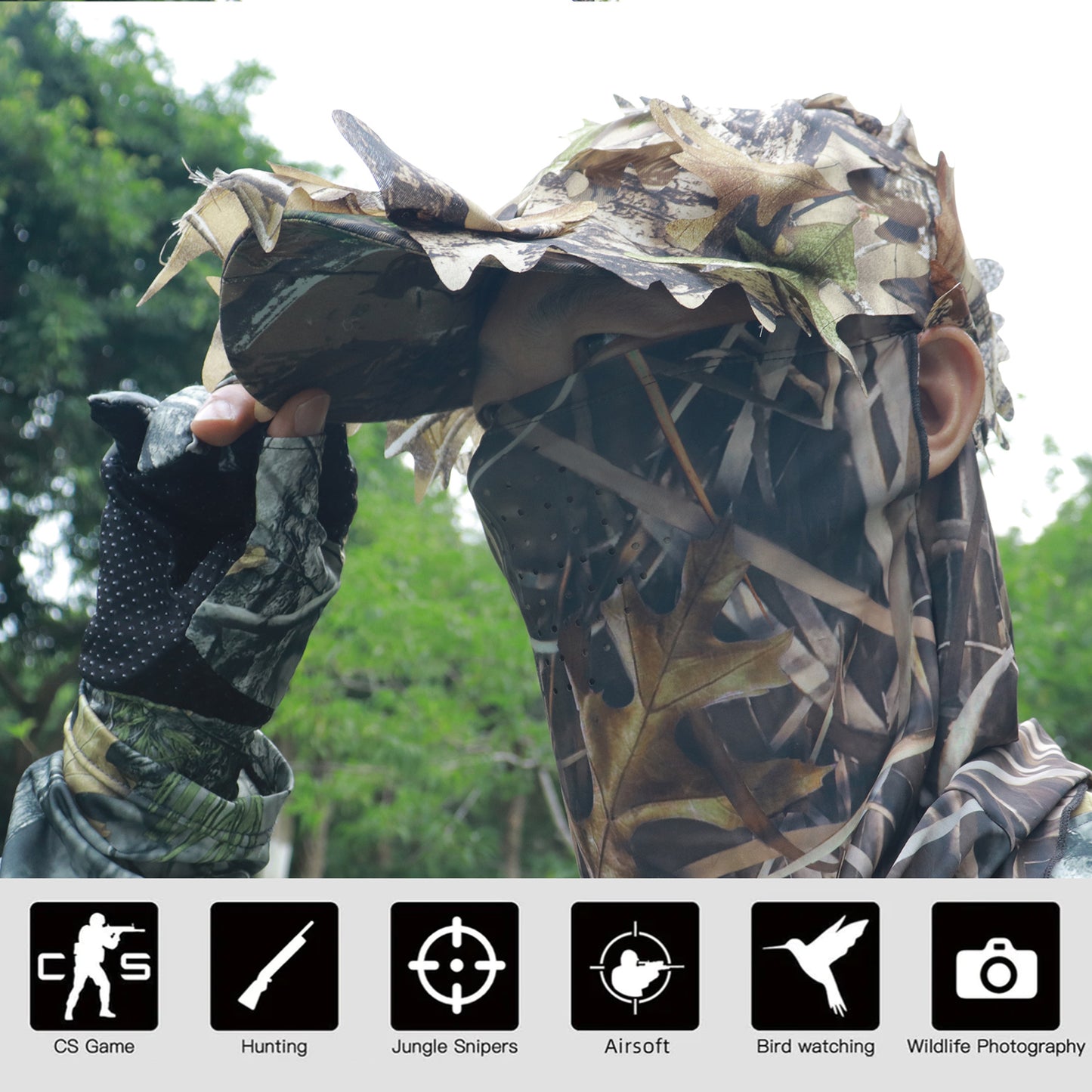 LOOGU Hunting Face Mask Set with Leafy Cap Camo, Ghillie Gloves, Cooling Arm Sleeves Waterfowl 6 Pieces Turkey Duck Hunting Accessories for Men Women