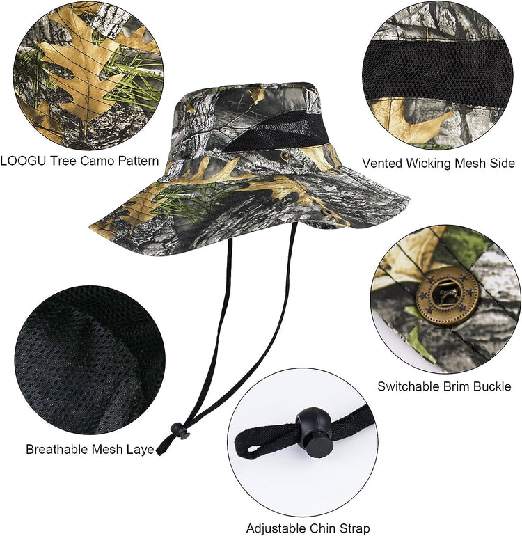 LOOGU Chapeau de pêche camouflage pour hommes et femmes, chapeaux de soleil UPF 50+, chapeau Boonie pliable à large bord, chapeau seau pour la chasse, le camping, la plage 