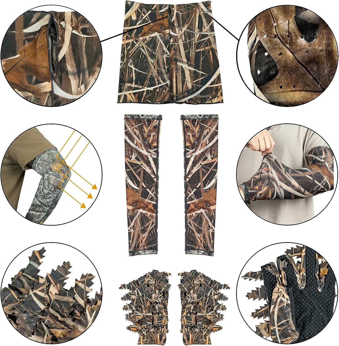 LOOGU Masque de Chasse, Gants Ghillie, Manches de Bras de Refroidissement Arbre de Sauvagine 5 pièces Accessoires de Chasse au Canard de Dinde pour Hommes Femmes