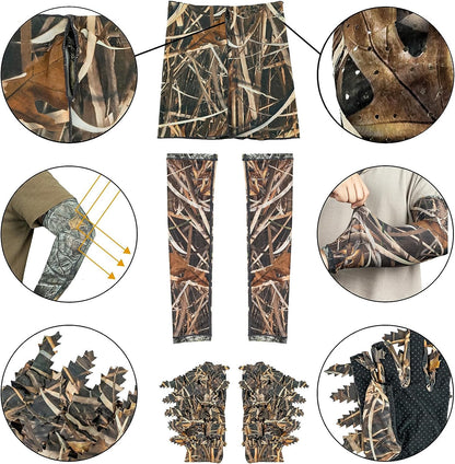 LOOGU Masque de Chasse, Gants Ghillie, Manches de Bras de Refroidissement Arbre de Sauvagine 5 pièces Accessoires de Chasse au Canard de Dinde pour Hommes Femmes