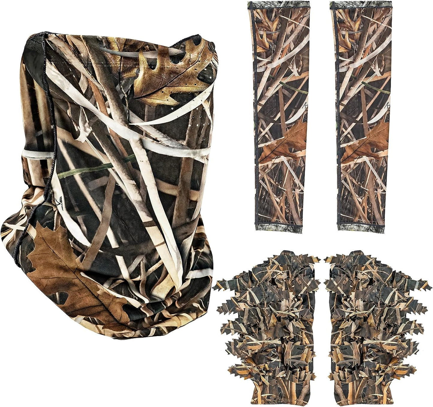 LOOGU Masque de Chasse, Gants Ghillie, Manches de Bras de Refroidissement Arbre de Sauvagine 5 pièces Accessoires de Chasse au Canard de Dinde pour Hommes Femmes