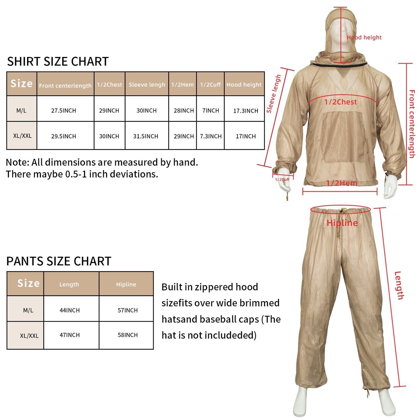 LOOGU Mosquito Suits, Net Bug Pants & Jacket Hood Sets - Ultra-fine Mesh - with Fishing, Hiking, Camping and Gardening