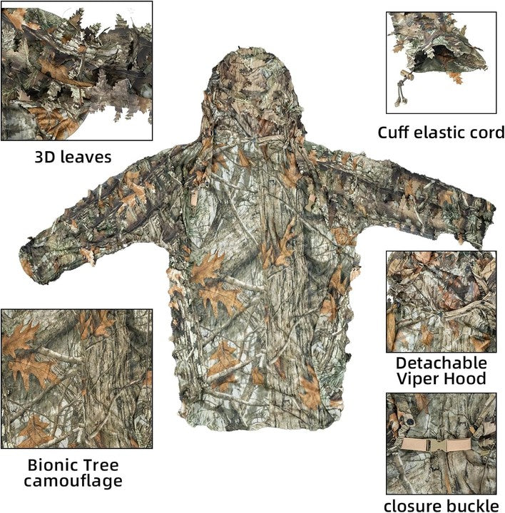 LOOGU Ghillie Suit pour hommes Foundation 3D Leaf Camo Suit, Sniper Ghillie Viper Hood pour la chasse en plein air, Wargame, Airsoft