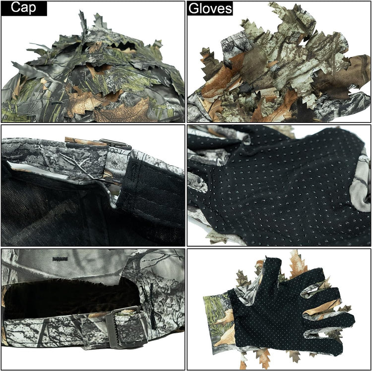 LOOGU Hunting Face Mask Set with Leafy Cap Camo, Ghillie Gloves, Cooling Arm Sleeves Waterfowl Tree Camouflage 6 Pieces Turkey Duck Hunting Accessories for Men Women