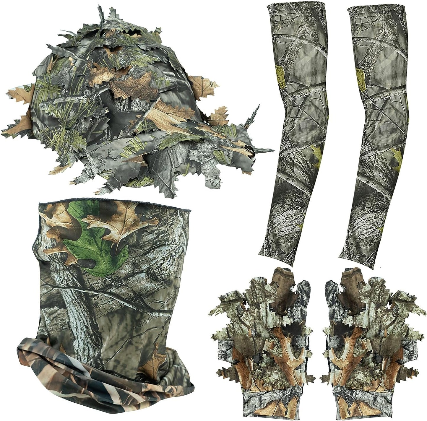 LOOGU Ensemble de masques de chasse avec casquette à feuilles camouflage, gants Ghillie, manches de bras de refroidissement, camouflage d'arbre de sauvagine, 6 pièces, accessoires de chasse au canard de dinde pour hommes et femmes 