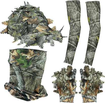 LOOGU Hunting Face Mask Set with Leafy Cap Camo, Ghillie Gloves, Cooling Arm Sleeves Waterfowl Tree Camouflage 6 Pieces Turkey Duck Hunting Accessories for Men Women