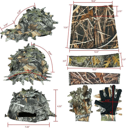 LOOGU Ensemble de masques de chasse avec casquette à feuilles camouflage, gants Ghillie, manches de bras de refroidissement, camouflage d'arbre de sauvagine, 6 pièces, accessoires de chasse au canard de dinde pour hommes et femmes 